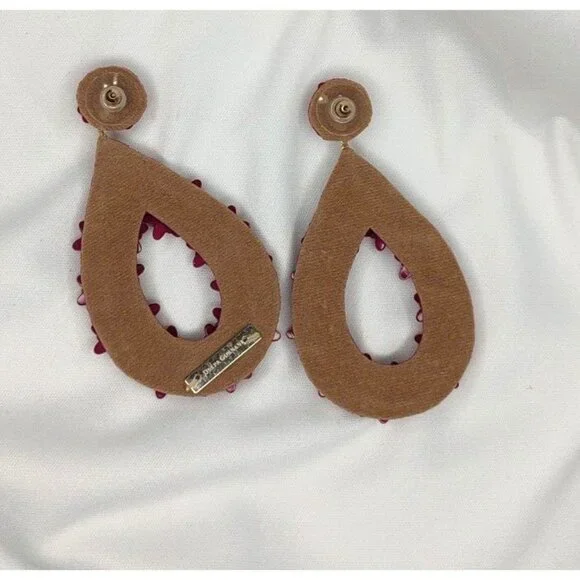 Deepa Gurnani Antropologie Earrings Sequin Beaded Floral Dangle Teardrop Fuschia - Picture 7 of 11